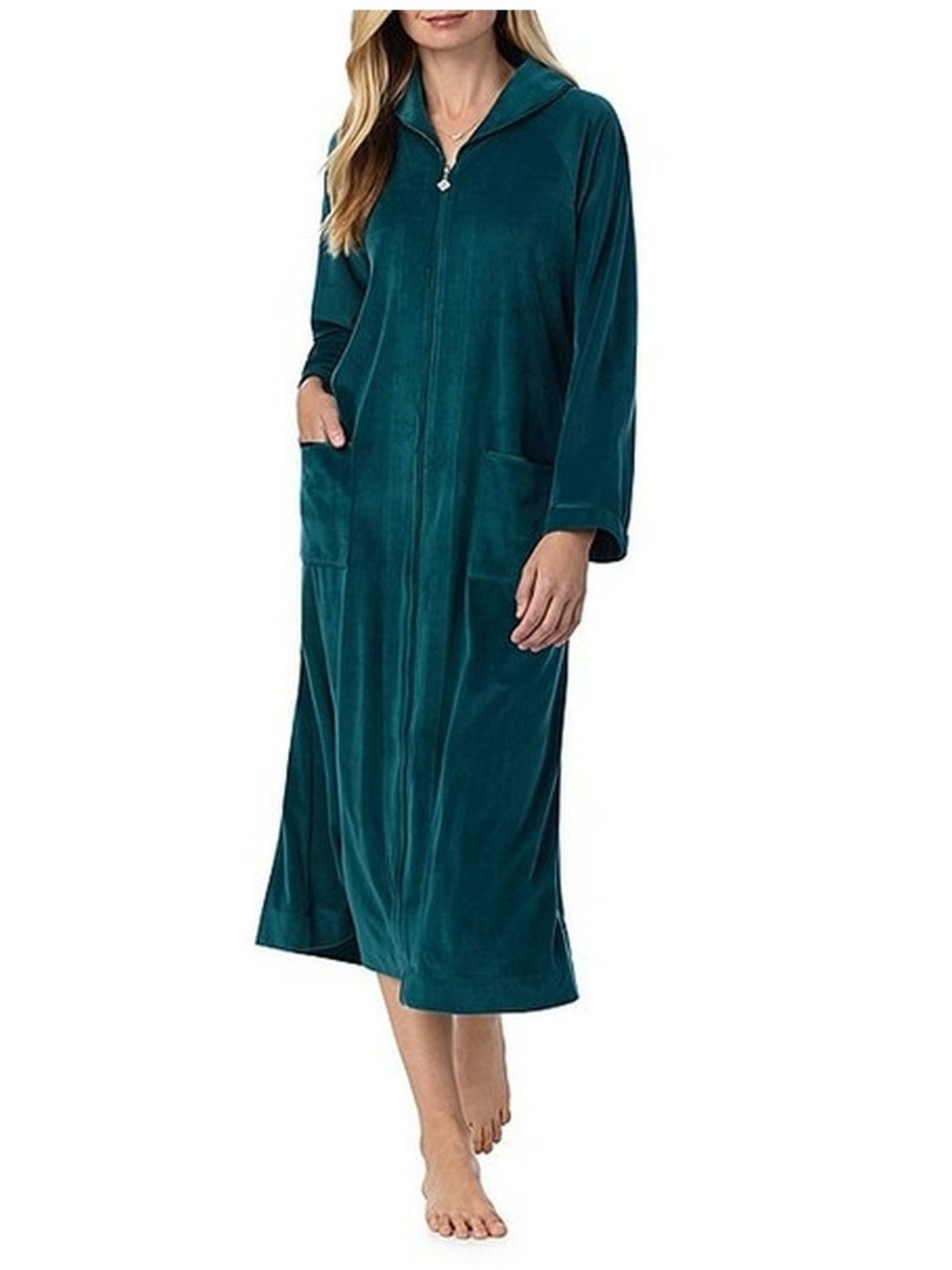 Eileen West Teal Full-Length Hooded Zip Robe Size S/M